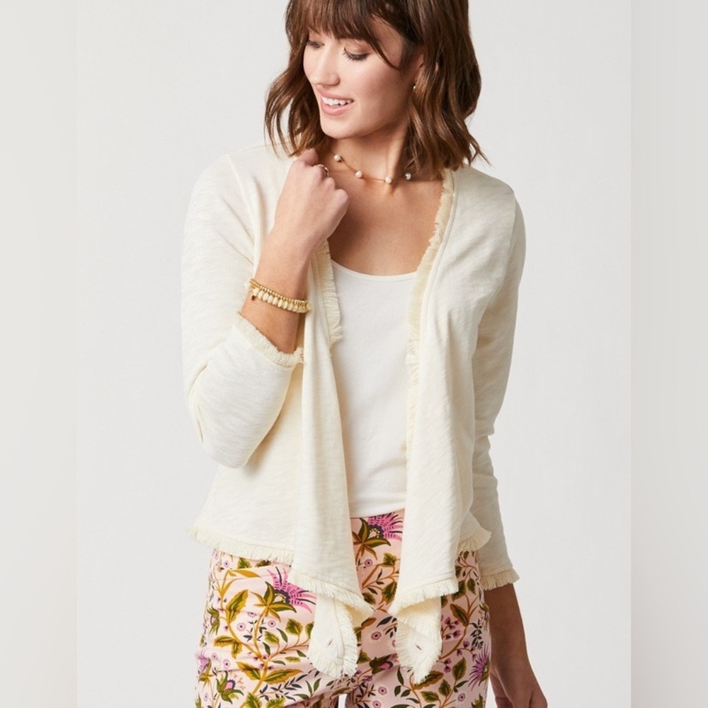 Spartina 449 Cream White Clara Convertible Fringe Cardigan Sweater XS - Picture 3 of 16